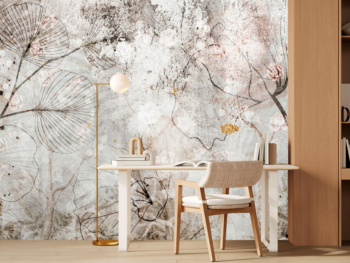 FOTOTAPETE für Wohnzimmer Vintage Blätter Blumen Beton Abstrakt 450x315 - Gelb/Orange, Papier (450/315cm) - Muralo