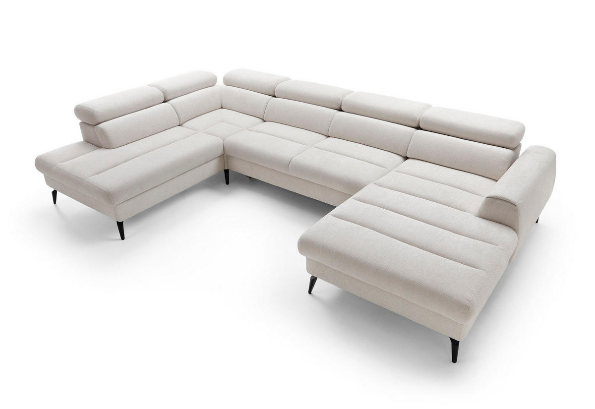 WOHNLANDSCHAFT NOTE Creme Chenille mit Schlaffunktion - Creme, Holz (345/93/257cm) - MASSENO