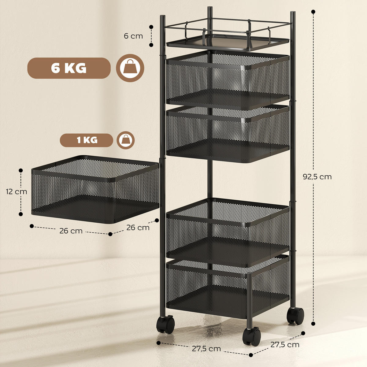 KÜCHENWAGEN Metall Schwarz - Schwarz, Metall (27.5/92.5/27.5cm) - HOMCOM