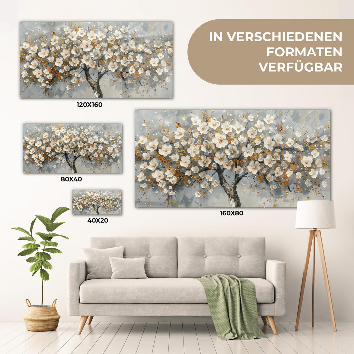 ACRYLGLASBILD Baum - Blumen - Weiß - Natur - Kunst 120x60 cm - Weiß, Glas (120/60cm) - MuchoWow