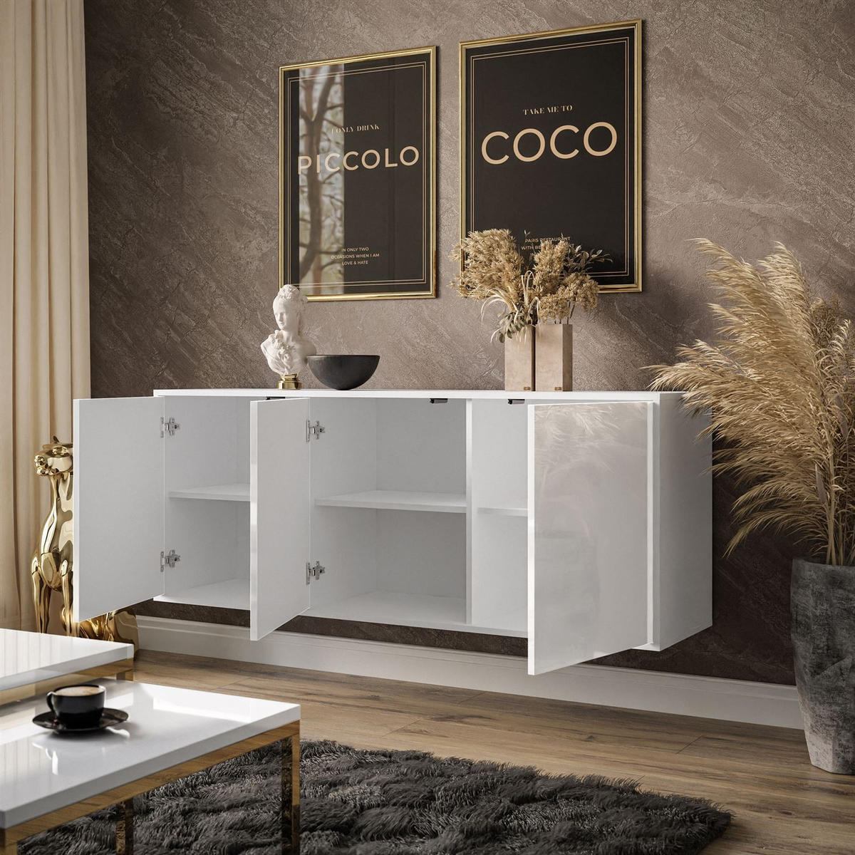 SIDEBOARDS SANAYI auf goldenen Beinen, Hochglanz Weiß/Golde Beine - Goldfarben/Weiß, Holzwerkstoff (154/73/40cm) - Lookway