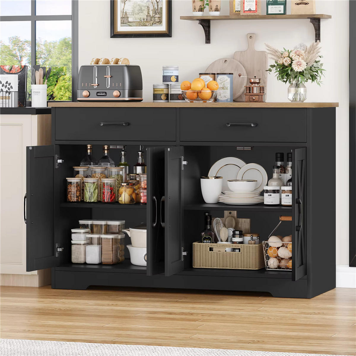 SIDEBOARD 120x81x40 cm Küchenschrank 2 Schubladen Schwarz - Schwarz, Holz (120/81/40cm) - Kaket
