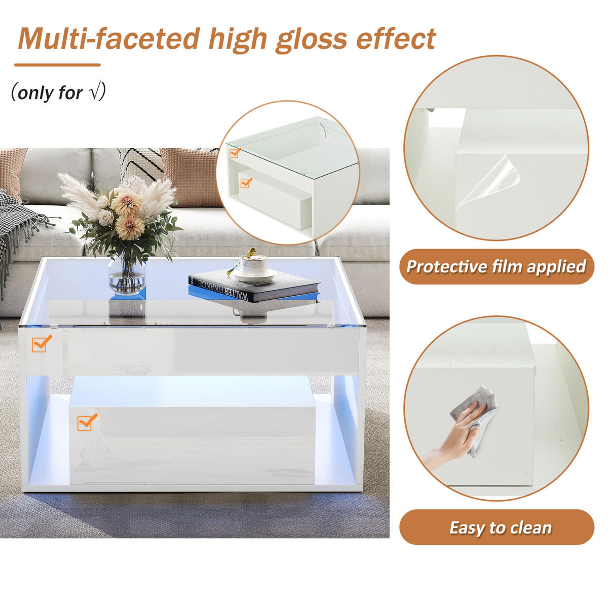 COUCHTISCH 70/70/35 cm in Weiß aus MDF und Glas mit LED und Stauraum - Weiß, Holzwerkstoff (70/70/35cm) - OKMYHOME