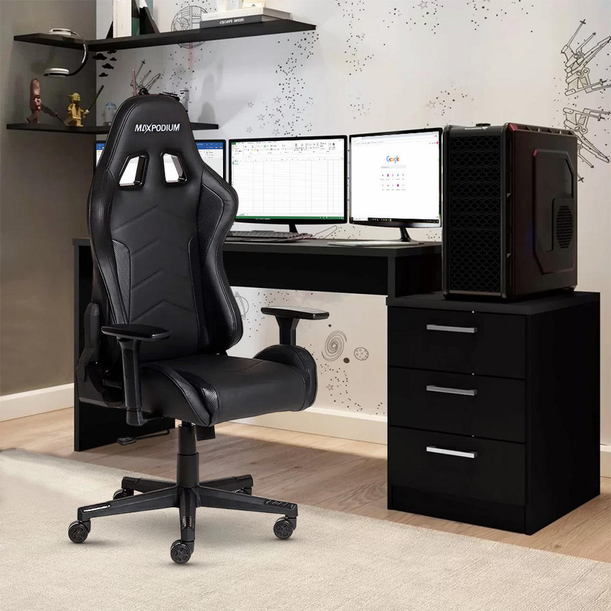 GAMING-BÜROSTUHL TACTICAL Schwarz - Schwarz, Kunststoff/Metall (55/137/50cm) - MaxPodium