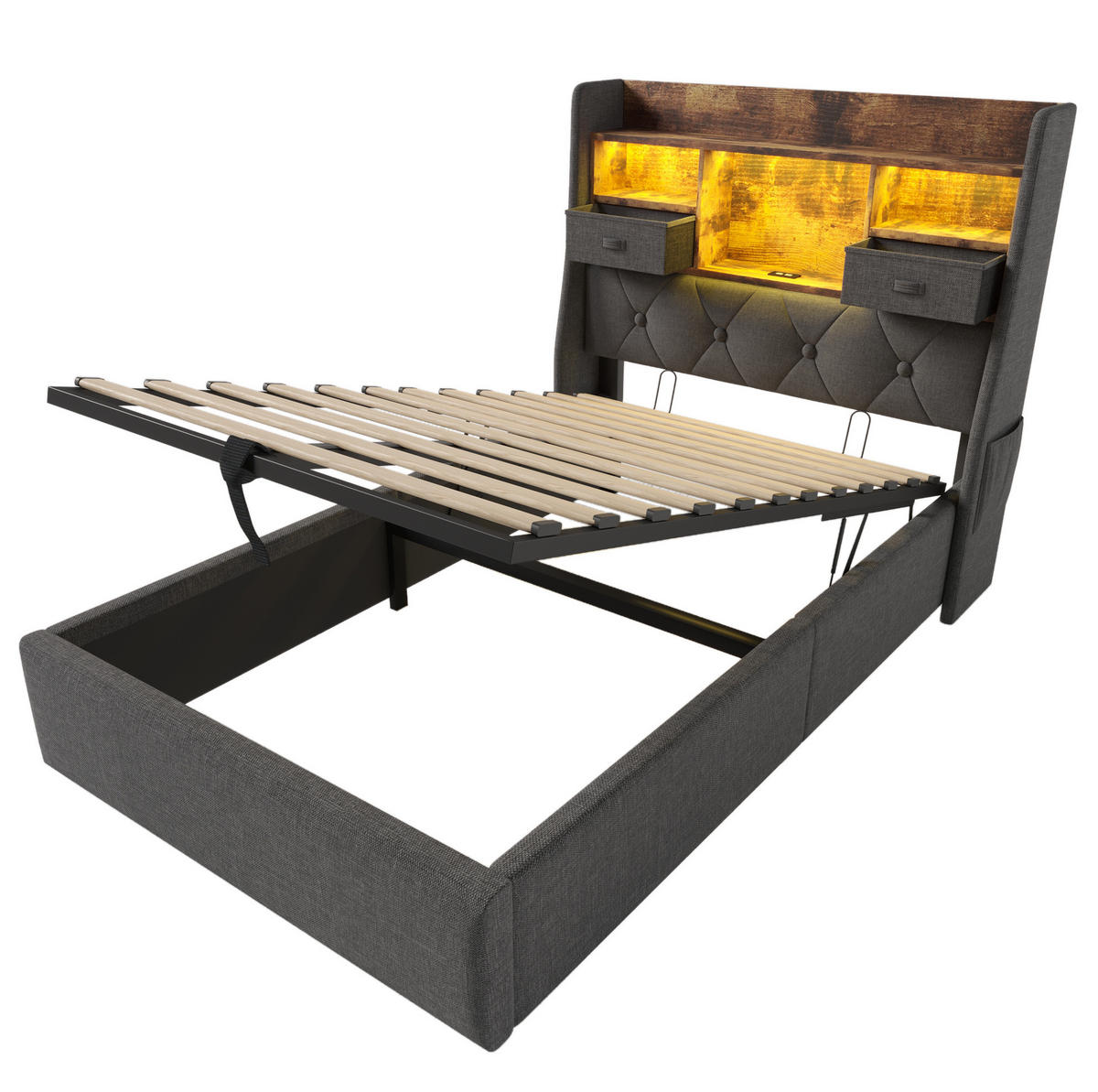 POLSTERBETT 90/200 cm Grau aus Leinen mit LED-Kopfteil - Grau, Textil (90/200cm) - OKMYHOME