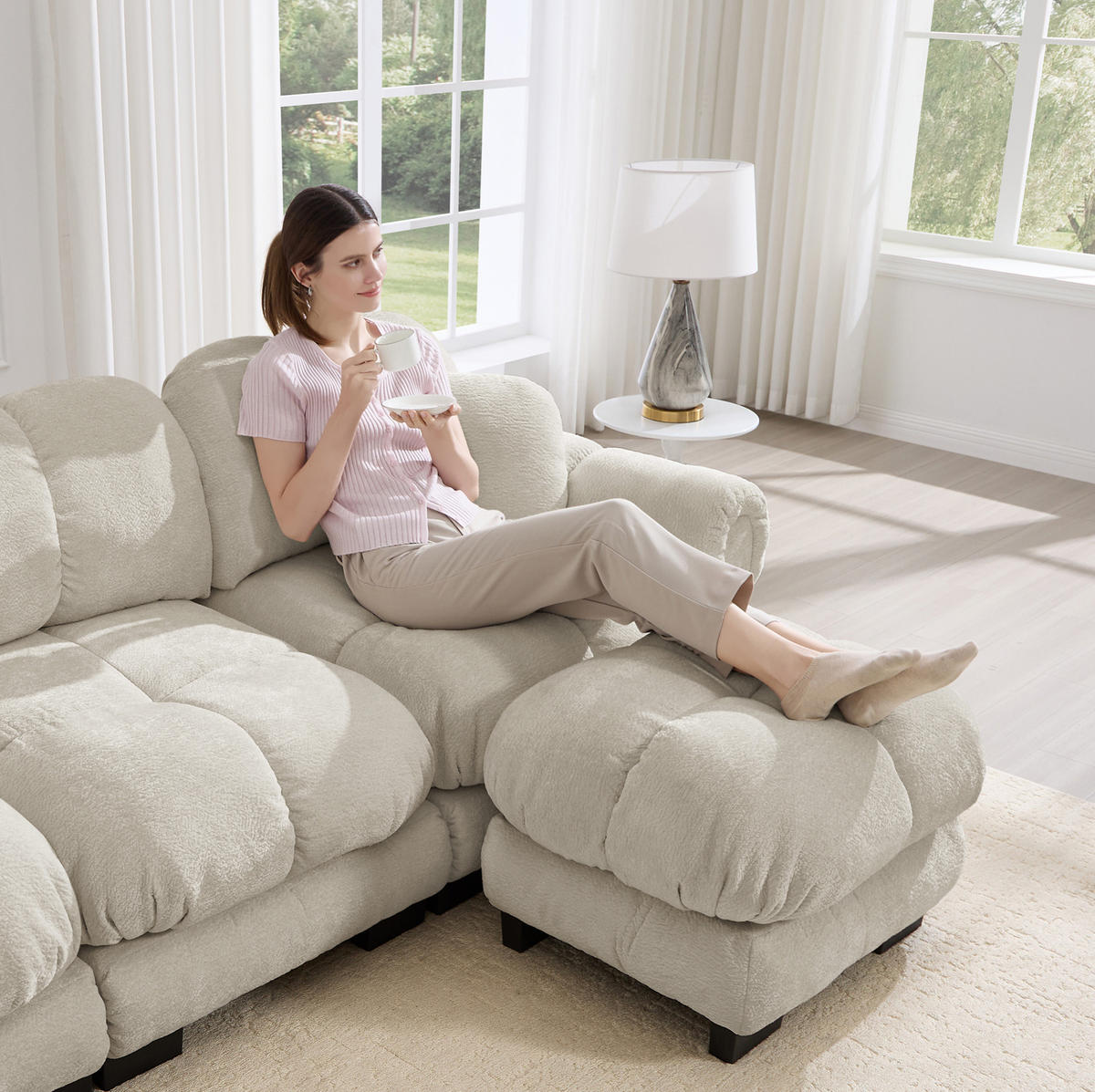 SOFA modular in U-Form Chenille Light Khaki - Hellbraun, Holz (149/90/190.1cm) - Meubliv