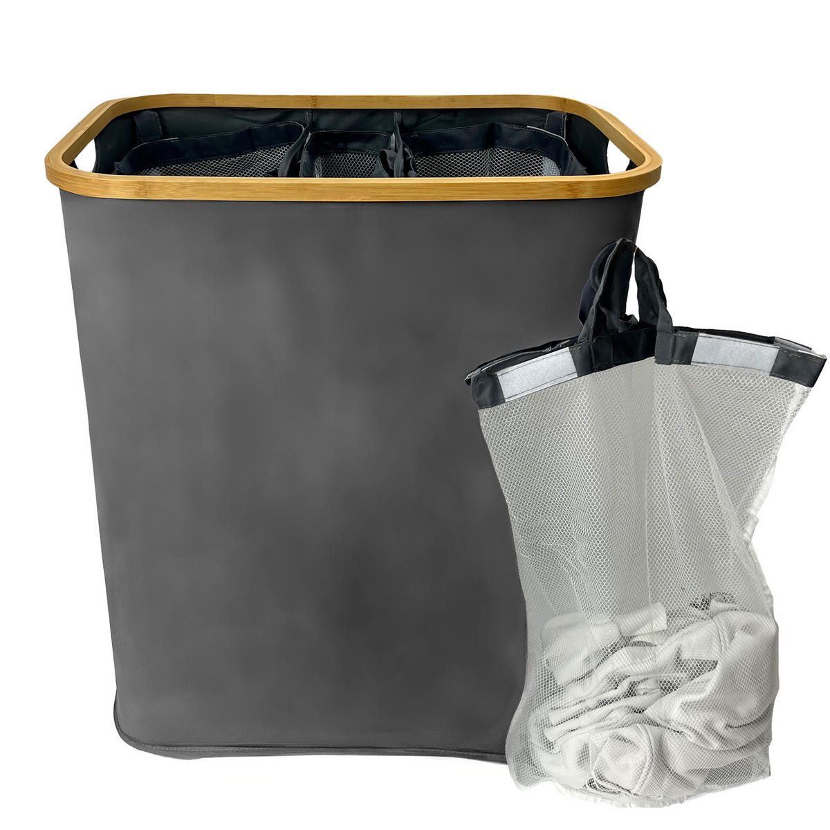 WÄSCHEKORB Bambus Textil Anthrazit mit 3 Fächern 57×37×67 cm - Anthrazit/Naturfarben, Holz/Textil (57/67/37cm) - Begryf