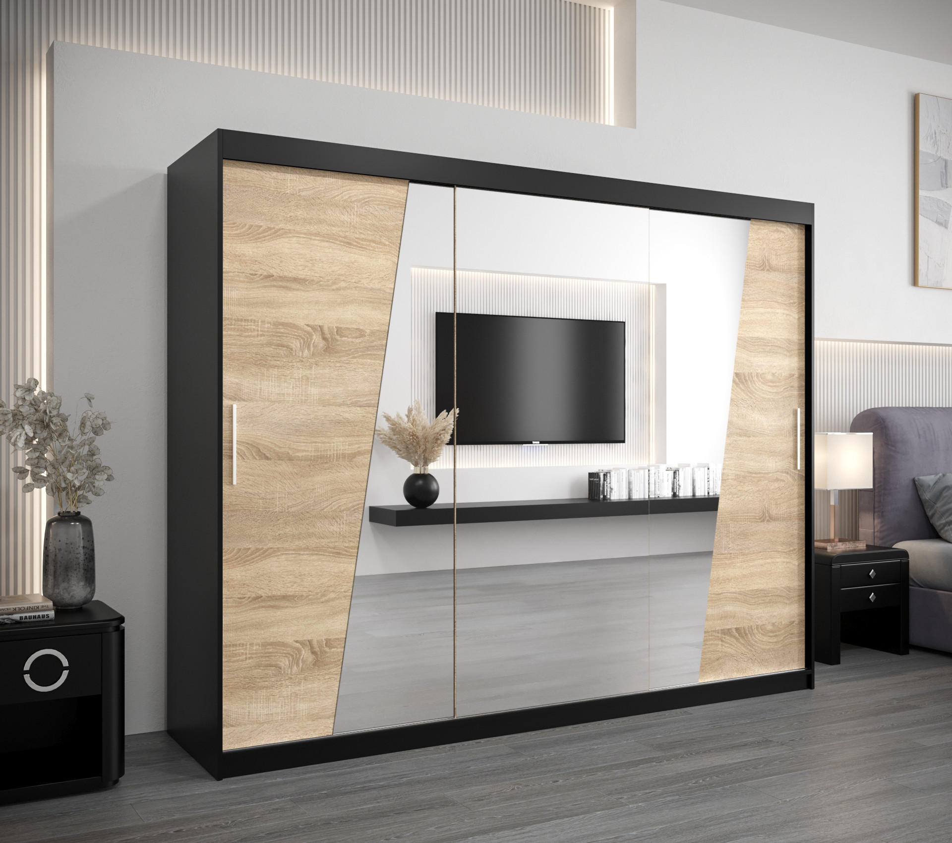 SCHWEBETÜRENSCHRANK 200/250/62 3-türig - Silberfarben/Schwarz, Holz/Kunststoff (250/200/62cm) - Abiks Möbel