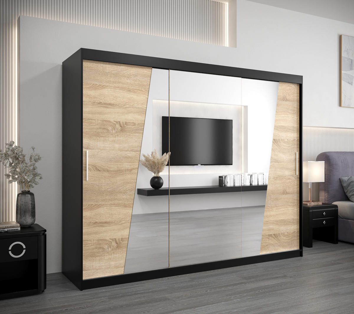 SCHWEBETÜRENSCHRANK 200/250/62 3-türig - Silberfarben/Schwarz, Holz/Kunststoff (250/200/62cm) - Abiks Möbel