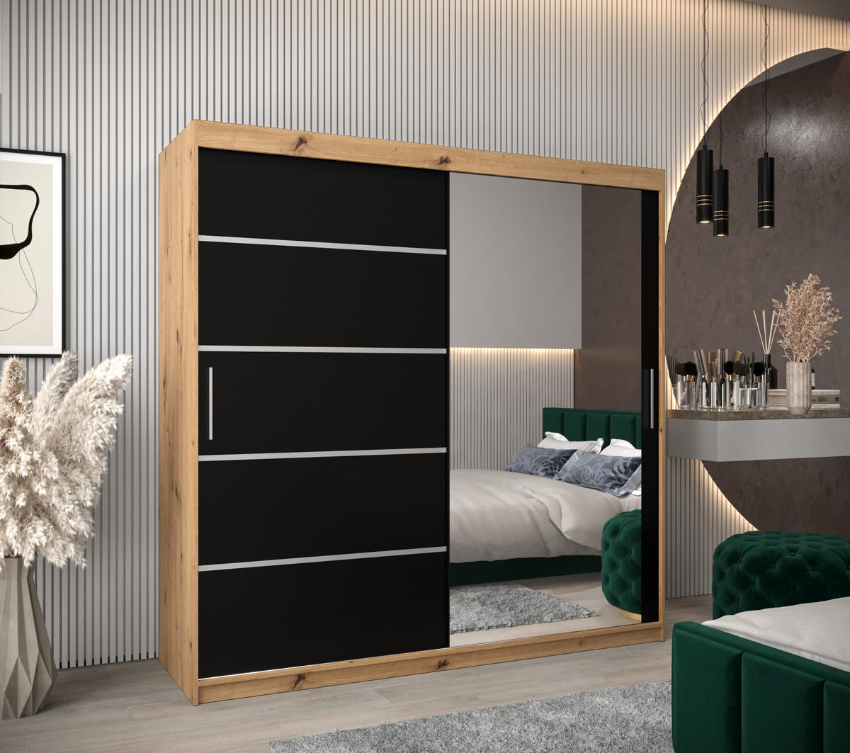 SCHWEBETÜRENSCHRANK 200/200/62 2-türig - Silberfarben/Schwarz, Holz/Kunststoff (200/200/62cm) - MÖBEL KRYSPOL