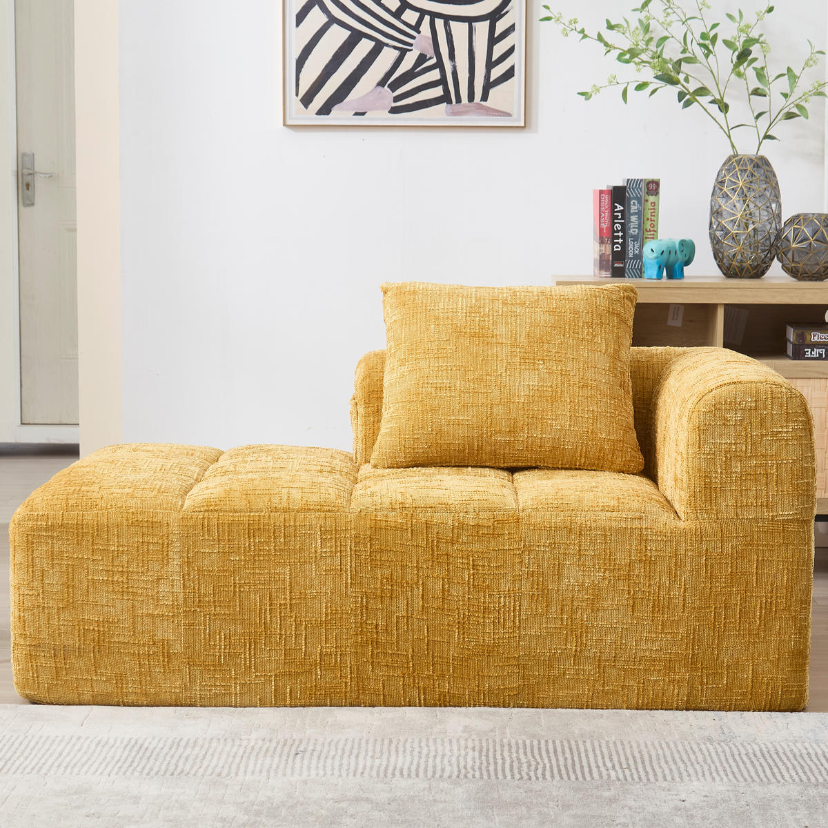 CHAISELONGUE Sofa Chenille mit Seitentaschen und Kissen 158/90/60 cm Gelb - Gelb, Textil (60/158/90cm) - Redom
