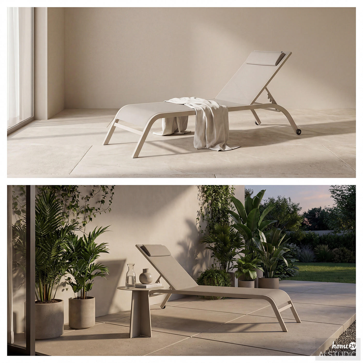 SONNENLIEGE - Polyrattan / Stahl - Beige, Textil/Metall (67/35/196cm) - home24