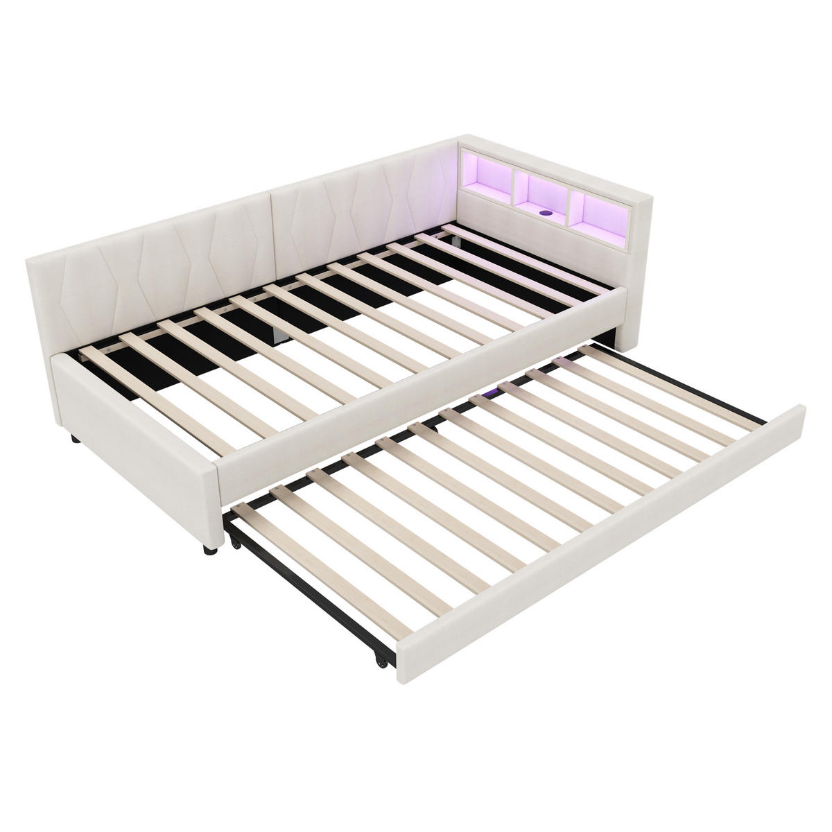 DNEVNI krevet 90/200 cm bež od lana i MDF-a s izvlačnim ležajem USB Type-C i LED rasvjetom - bež, tekstil (90/200cm) - OKWISH