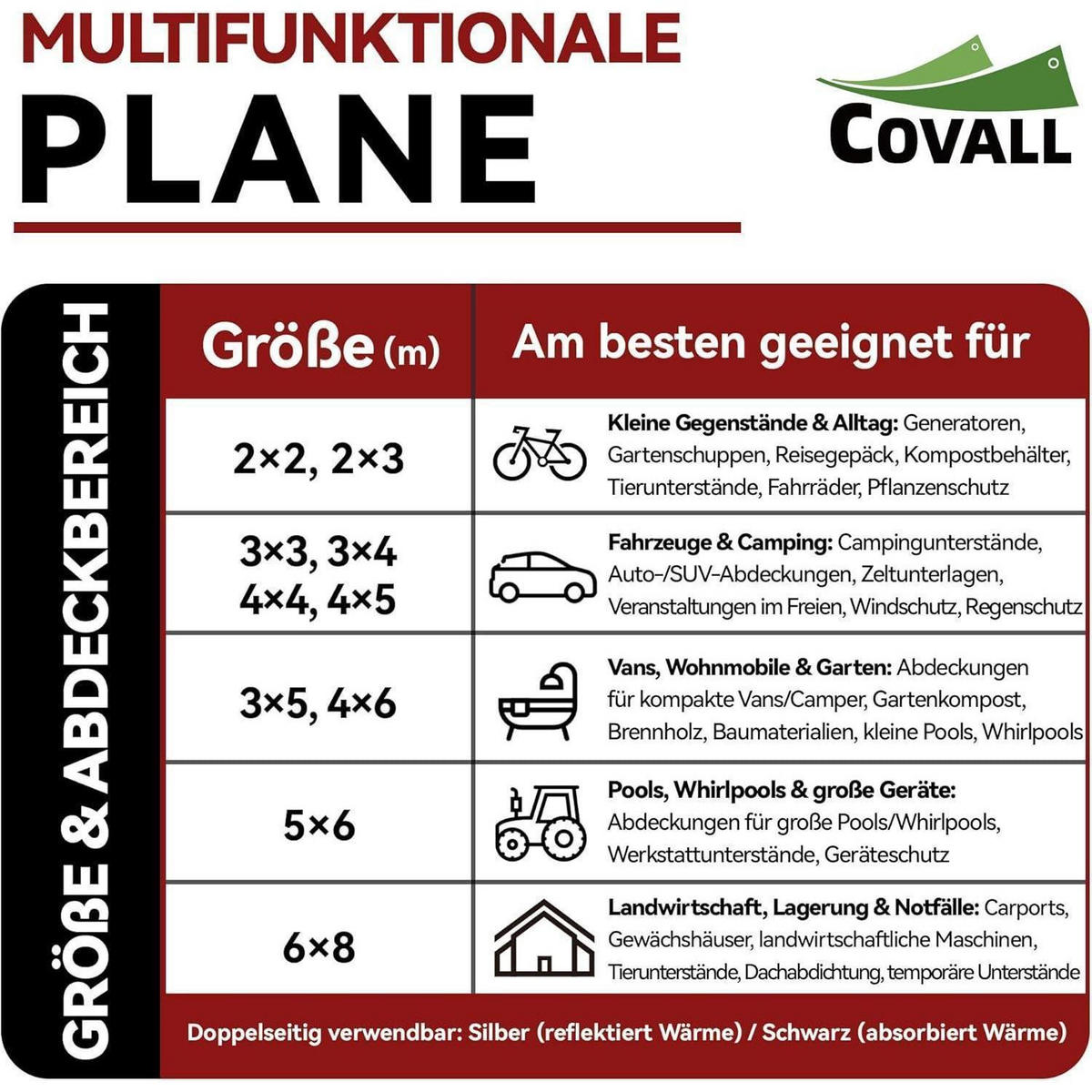 PLANE 4 x 5 m Silber/Schwarz 155 g/m² - Multicolor, Kunststoff (38/28/9cm)