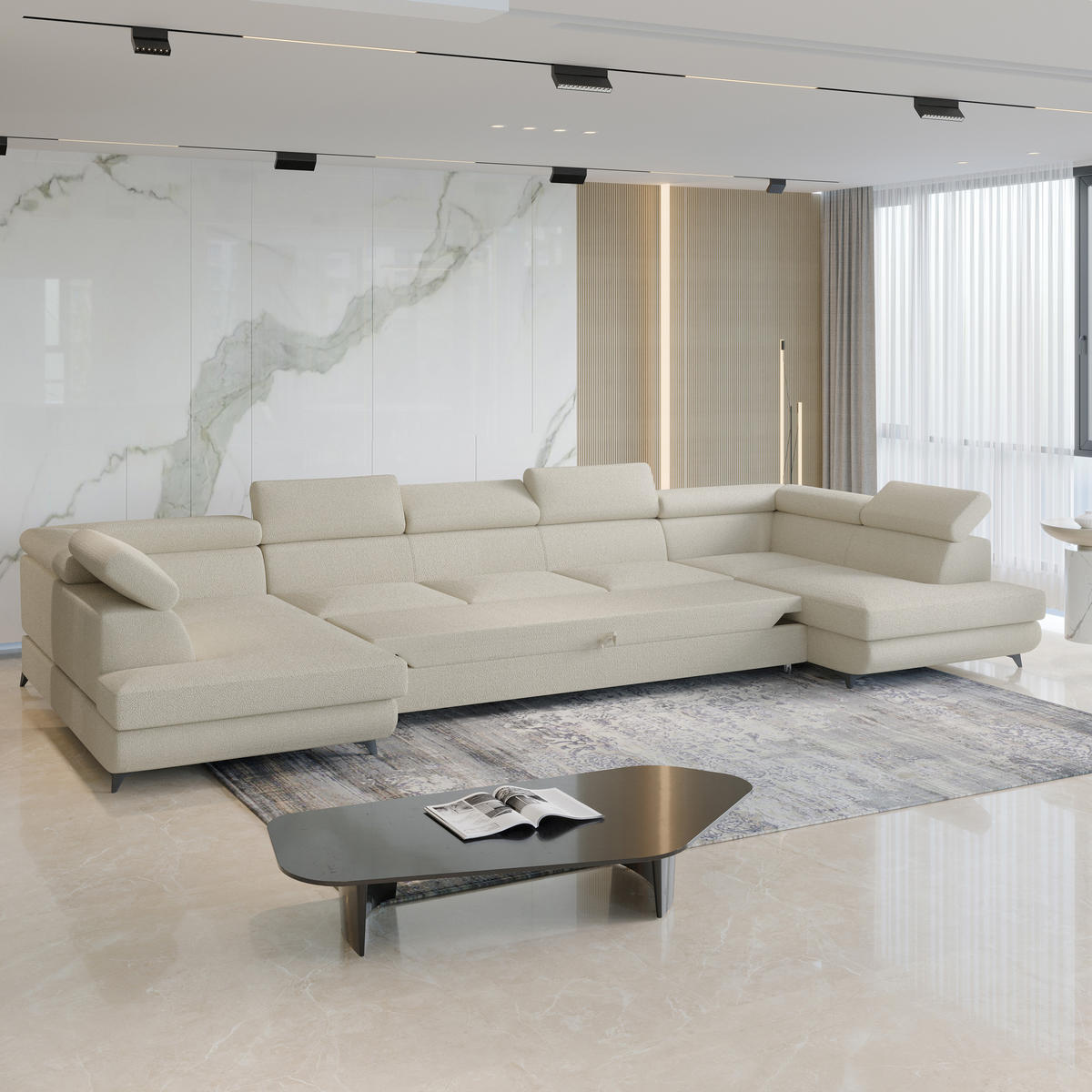 WOHNLANDSCHAFT URMANO Creme Boucle-Stoff mit Schlaffunktion - Creme, Holz (395/89/190cm) - MASSENO