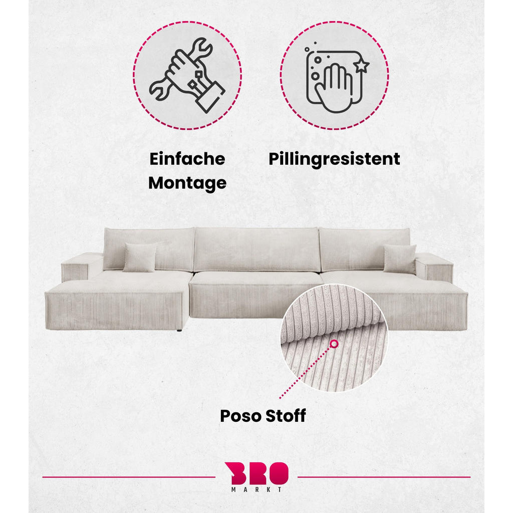 Thumbnail - Bromarkt Wohnlandchaft, Weiß, Textil, 5-Sitzer, U-Form, 398x85x148 cm, Wohnzimmer, Sofas & Couches, Wohnlandschaften, Wo...