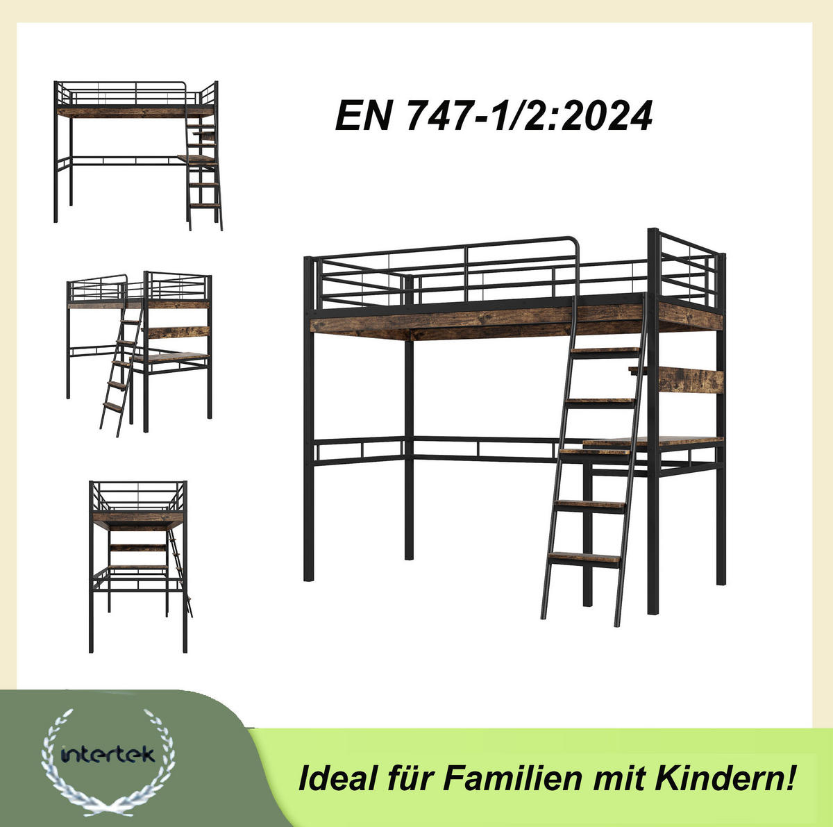 HOCHBETT 90/200 cm Schwarz aus Metall mit Schreibtisch und Regalen - Schwarz, Metall (90/200cm) - OKMYHOME
