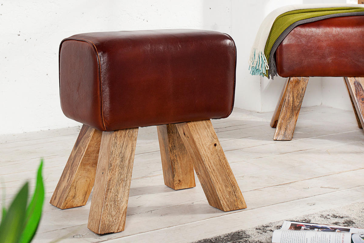 HOCKER TURNBOCK Mango Echtleder Coffee 45 cm - Braun, Mangoholz/Leder (40/45/30cm) - riess-ambiente