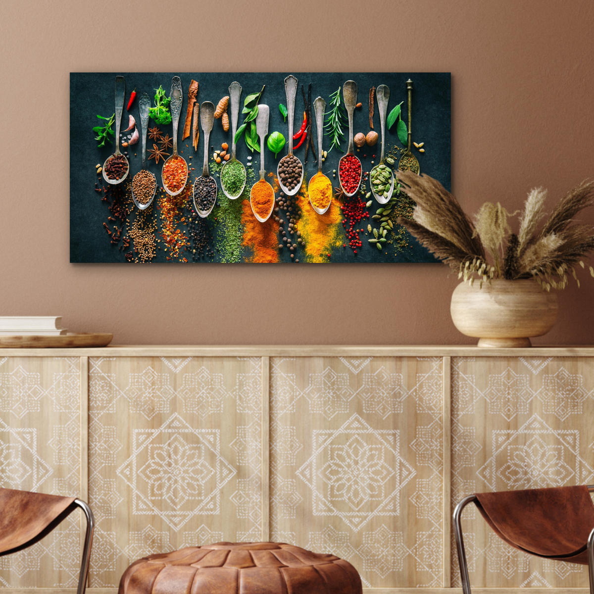 KOVOVÝ OBRAZ Bylinky - korenie - lyžičky 80x40 cm - kari žltá, kov (80/40cm) - MuchoWow
