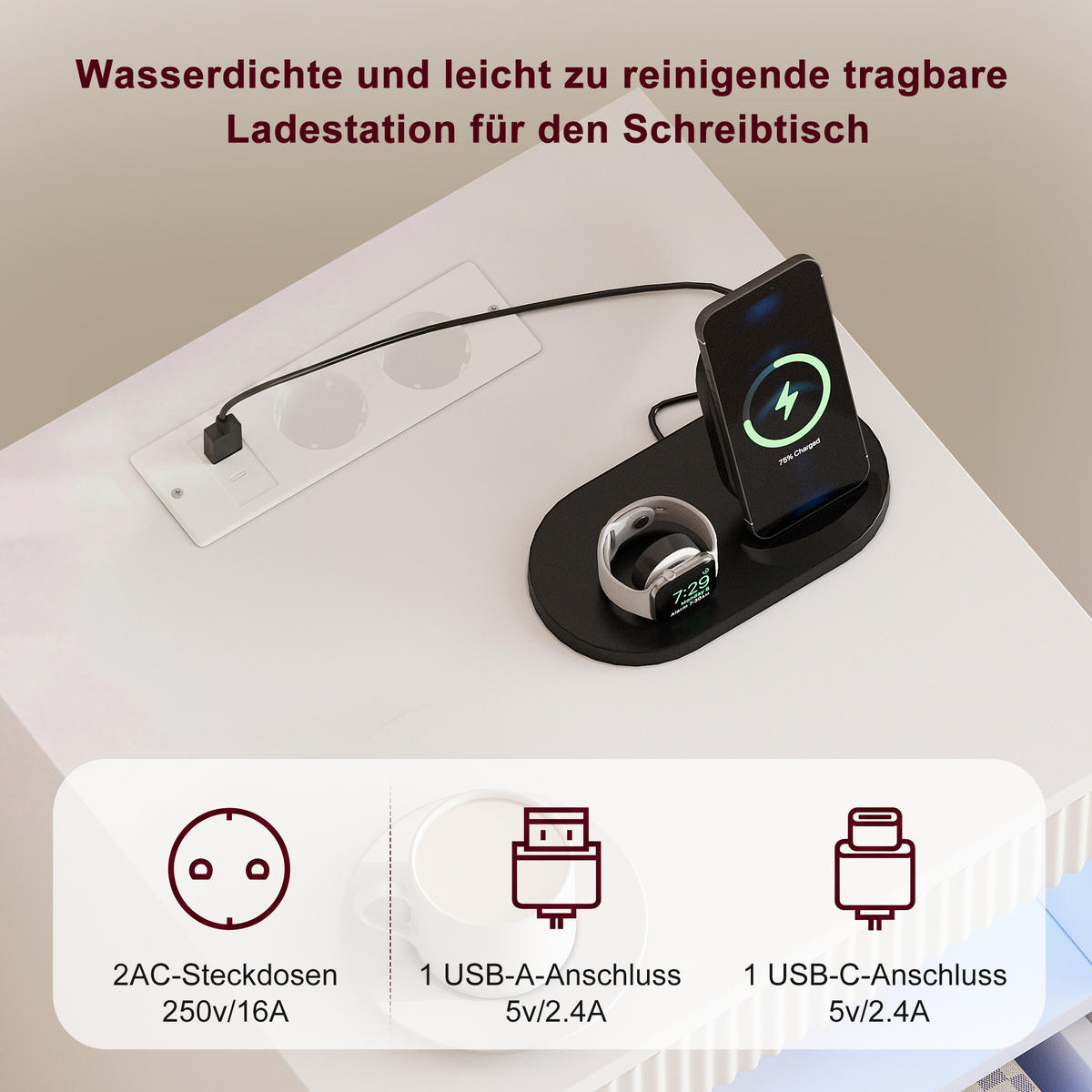 NACHTSHRANK Weiß mit LED-Beleuchtung, Steckdose, USB & Type-C, Nachttisch mit 2 Schubladen, 40/40/60 cm - Goldfarben/Weiß, Holz/Metall (40/60/40cm) - BPKADHY