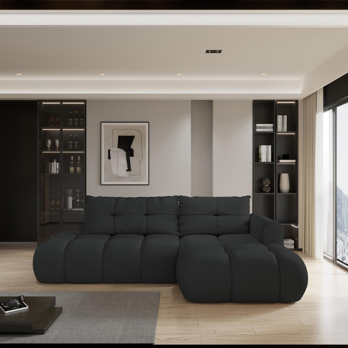 ROHOVÁ SEDAČKA FLUMA černá - černá, dřevo/textil (279/158cm) - MASSENO