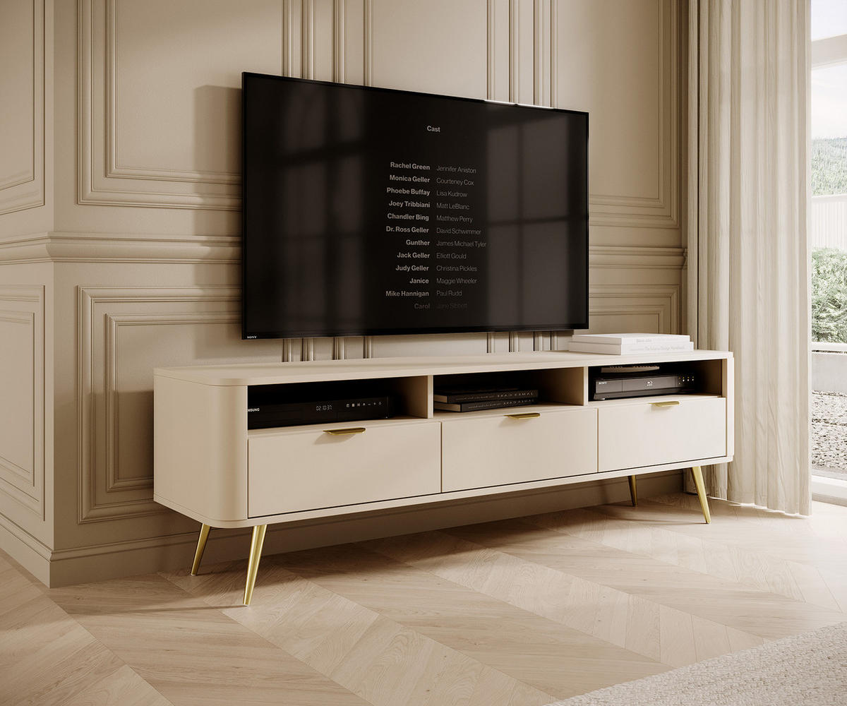 TV-SCHRANK Oval Beige mit 3 Schubladen 160 cm - Beige/Goldfarben, Holzwerkstoff/Metall (162/49/38cm) - Selsey