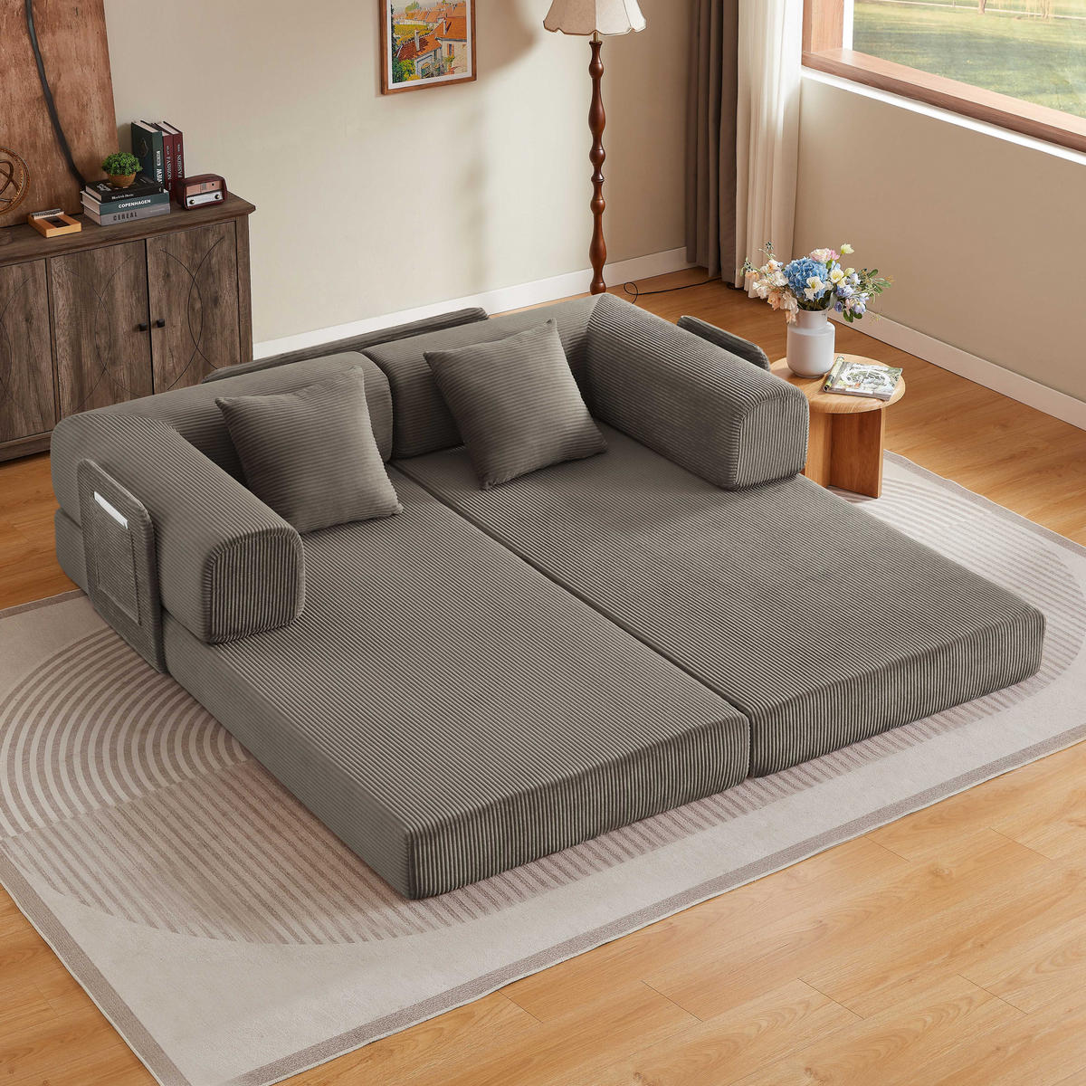 SCHLAFSOFA DE-34938 Tatami-Bodensofa mit 2 Kissen Taupe - Taupe, Textil (204/65/97cm) - ComfortXL