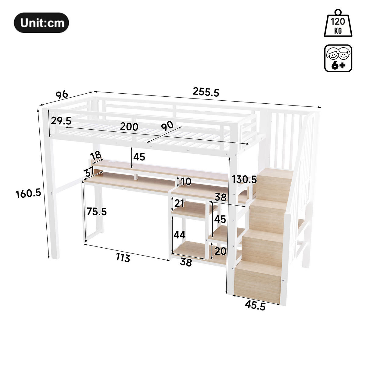 HOCHBETT 90/200 cm mit Leiterschrank und LED, DE-41996, in Weiß - Weiß, Metall (90/200cm) - ComfortXL