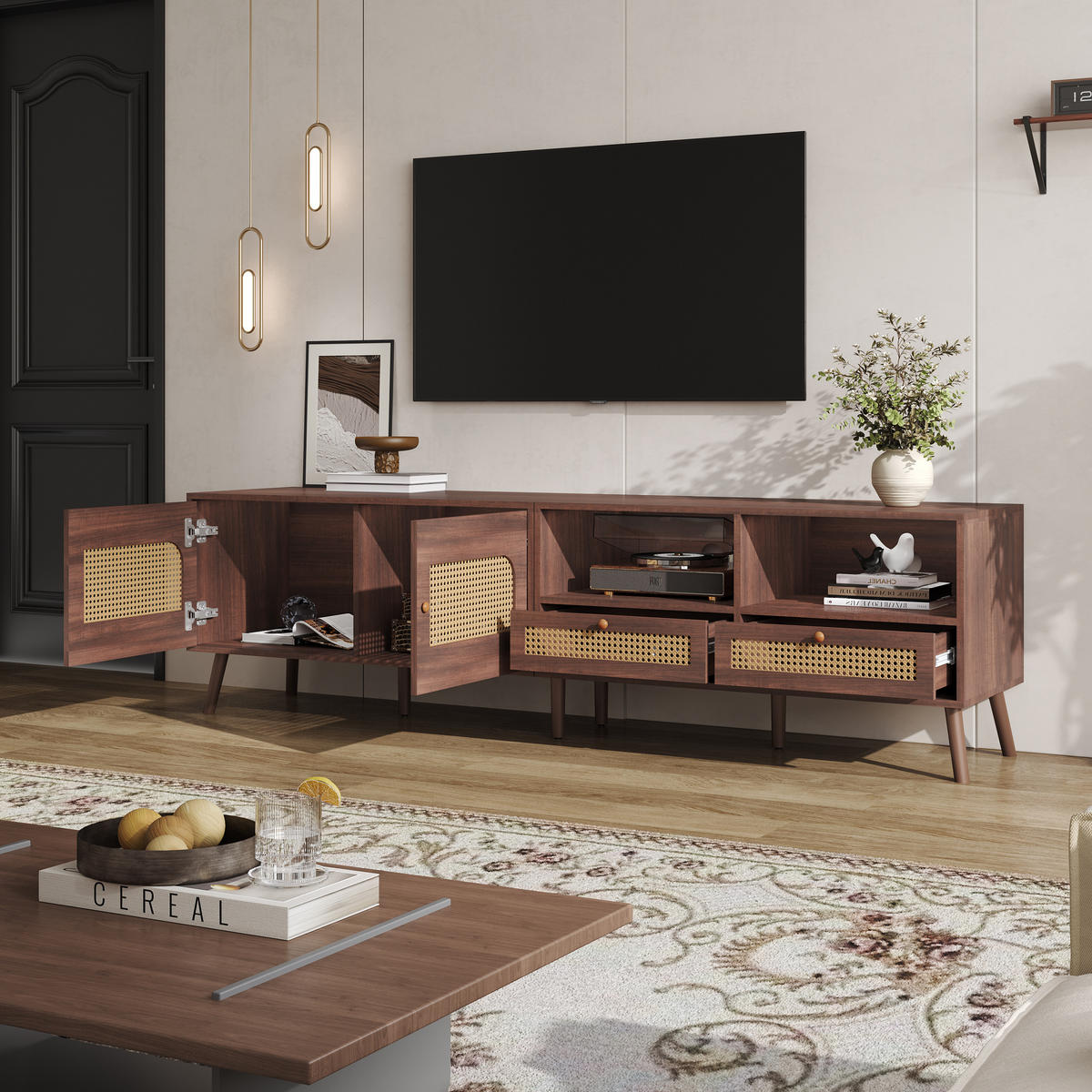 LOWBOARD Retro Rattan-Design, 200/37/49.5cm - Walnussfarben, Holzwerkstoff (200/49.5/37cm) - Urban Meuble