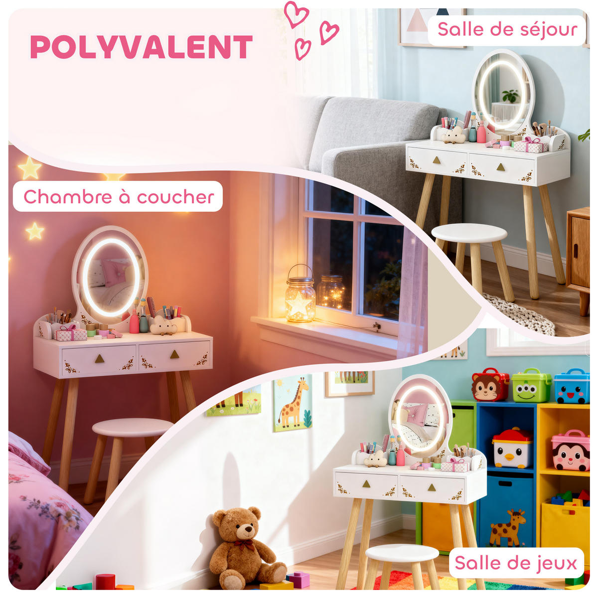 KINDERSCHMINKTISCH DE-18638 2-in-1 mit 3-farbigem LED-Spiegel Weiß - Weiß, Holzwerkstoff (30/99.3/60cm) - ComfortXL