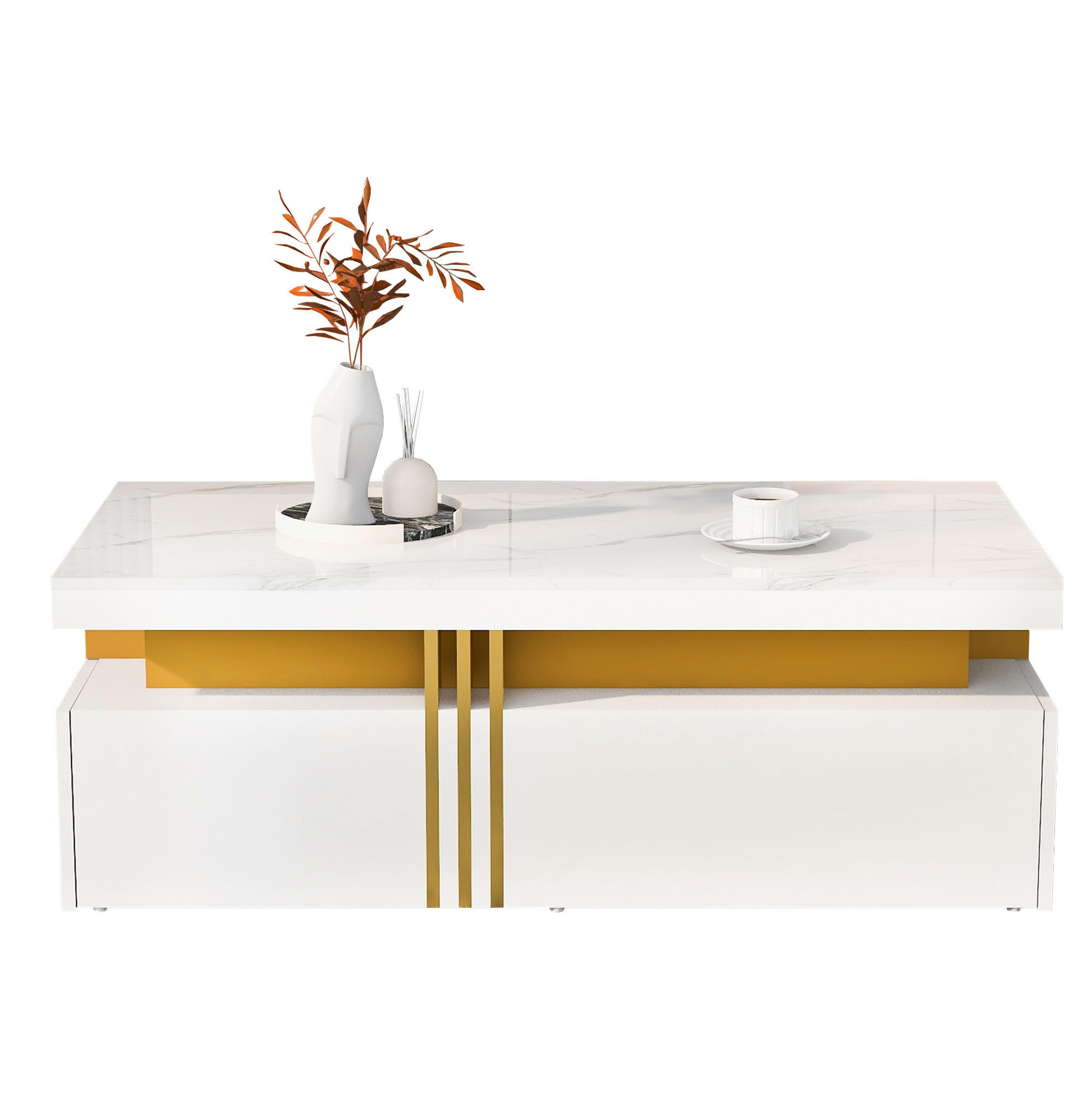 KONFERENČNÍ stolek, 100/50/40 cm bílý, s 2 zásuvkami a deskou s mramorovým dekorem - bílá, kompozitní dřevo (100/50/40cm) - BEAOK