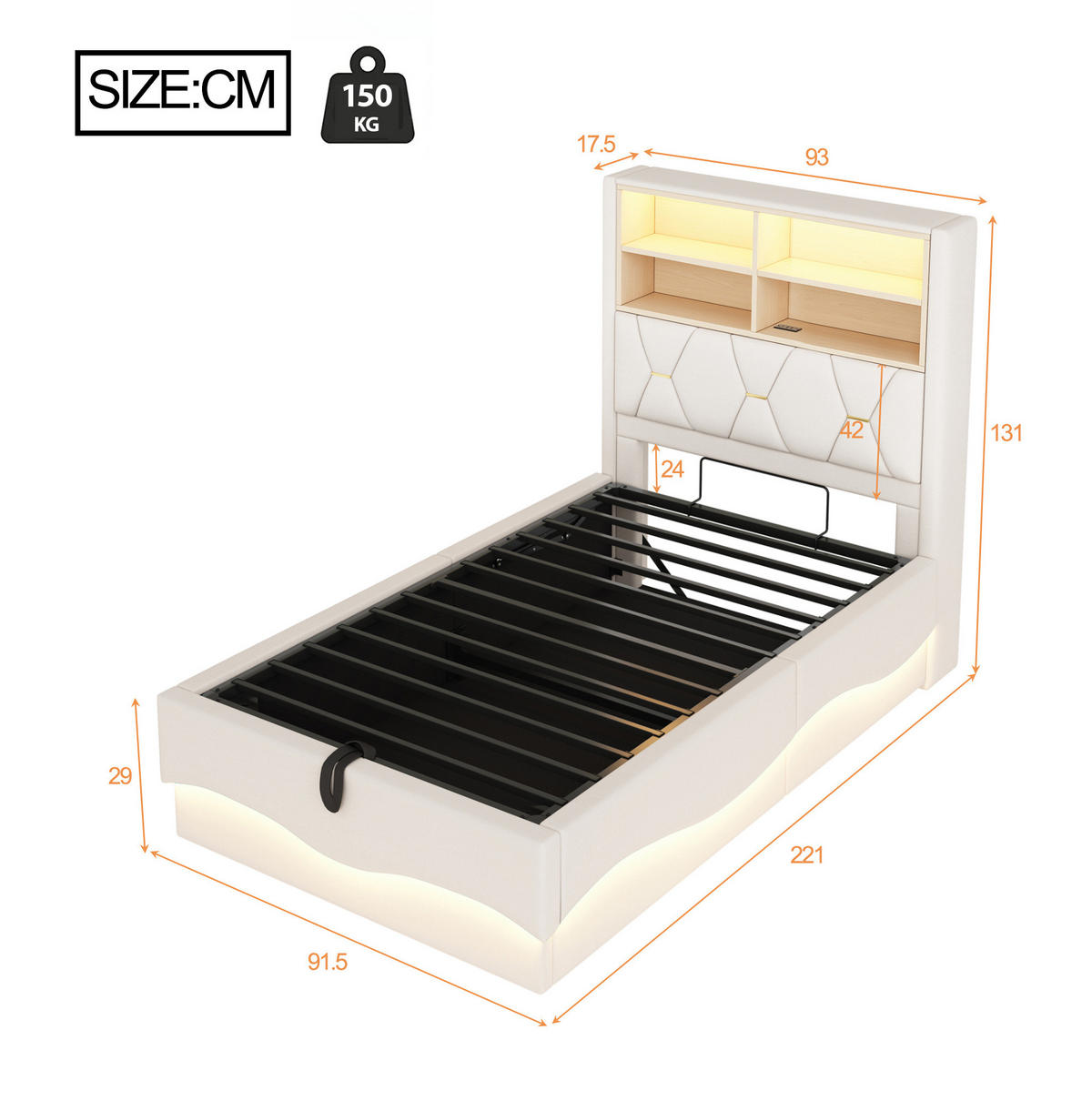 KINDERBETT 90/200 cm Beige aus Leinen und Metall mit LED-Beleuchtung und Stauraum - Beige, Metall (90/200cm) - OKMYHOME