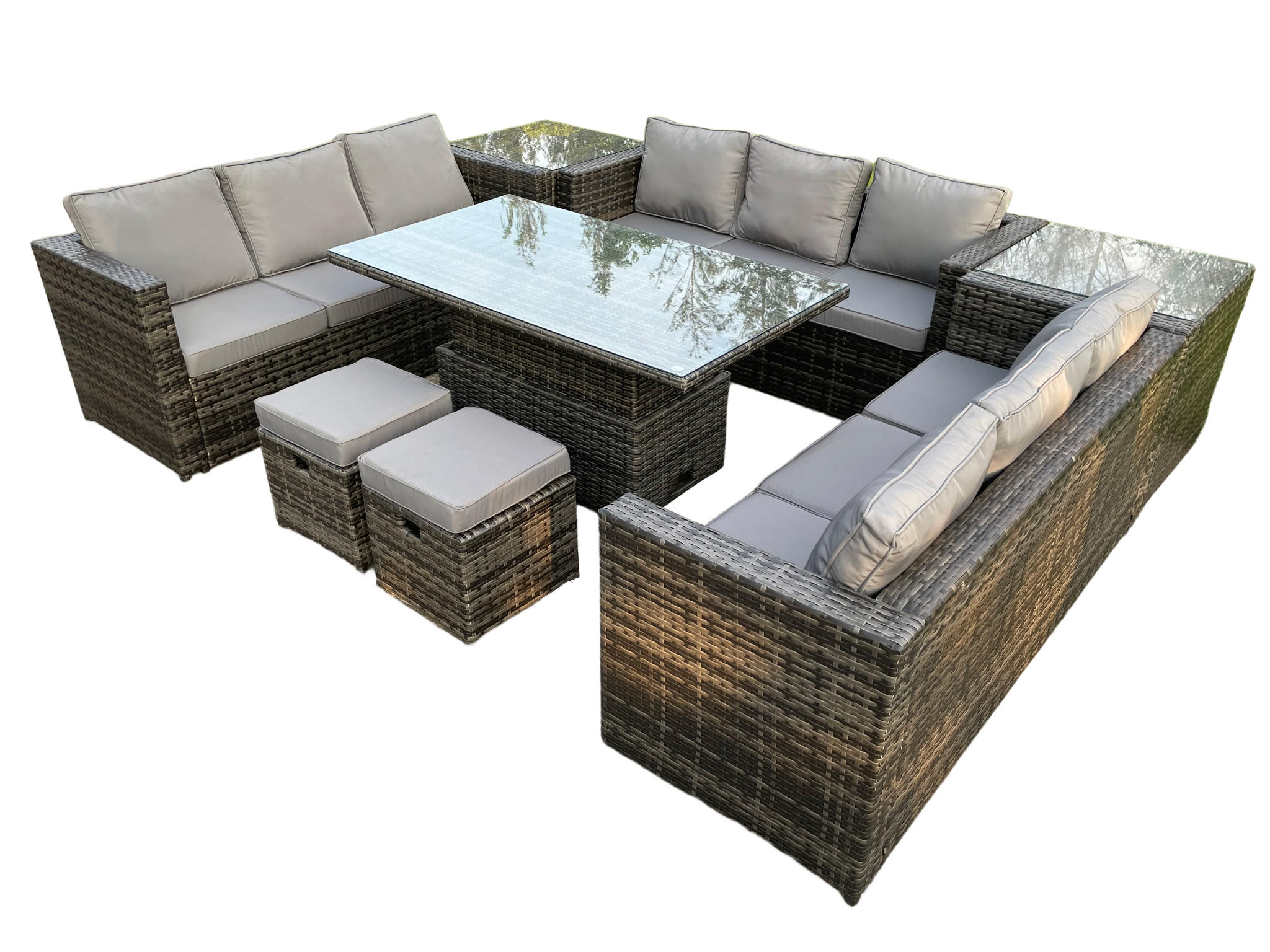 GARTENSOFA Hohe Rückenlehne Polyrattan 11-Sitzer - Dunkelgrau/Grau, Glas/Kunststoff - Fimous