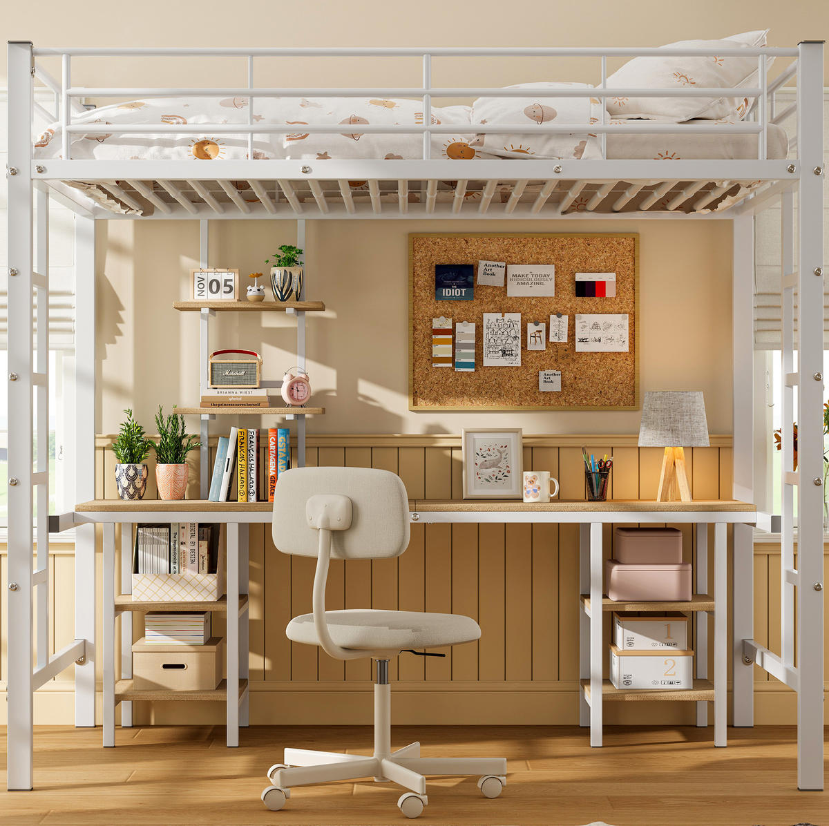HOCHBETT 90/200 cm aus Metall und MDF mit Schreibtisch und Regalen Weiß - Weiß, Holzwerkstoff (90/200cm) - Modenvie