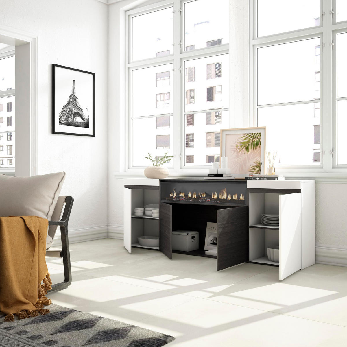 SIDEBOARD Elektrokamin, weiß und schwarz, 200/35/75cm - Multicolor/Schwarz, Holzwerkstoff (200/75/35cm) - Skraut Home