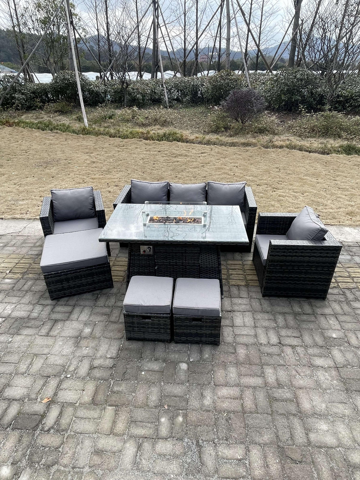 GARTENSOFA SET Polyrattan 6-Sitzer - Dunkelgrau/Grau, Glas/Kunststoff - Fimous