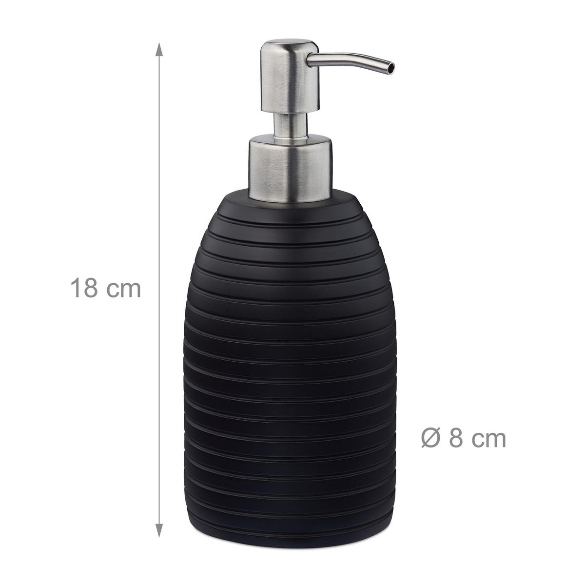 SEIFENSPENDER Schwarz Polyresin geriffelt Edelstahlpumpe 300 ml - Schwarz, Kunststoff/Metall (8/18/8cm) - Relaxdays