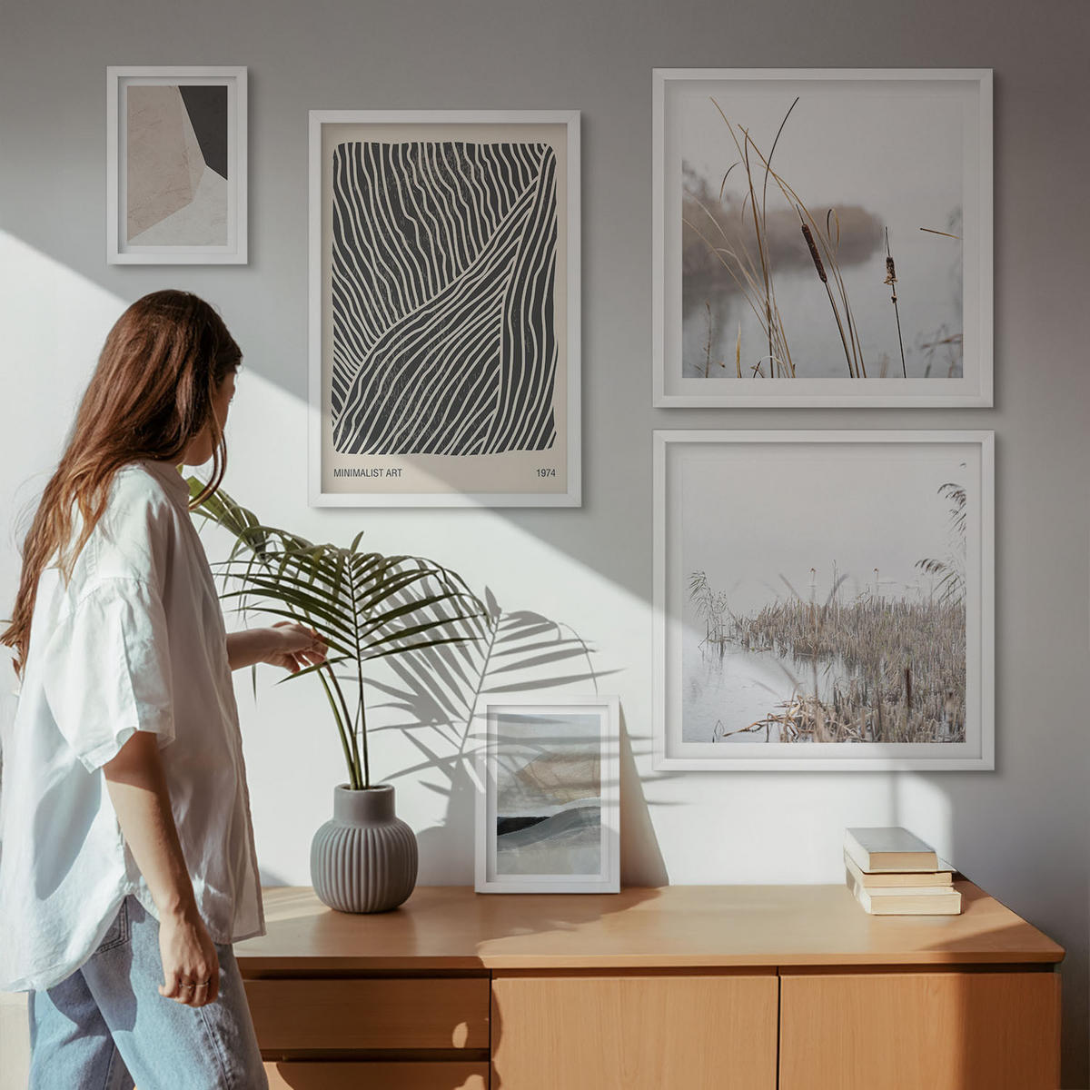 WANDBILDER 5er-Set - 50x50 cm & 20x30 cm & 40x60 cm Weißer Rahmen - Abstrakte Boho-Dekorationsmuster - Weiß, Kunststoff (40/60cm) - ArtPrintCave