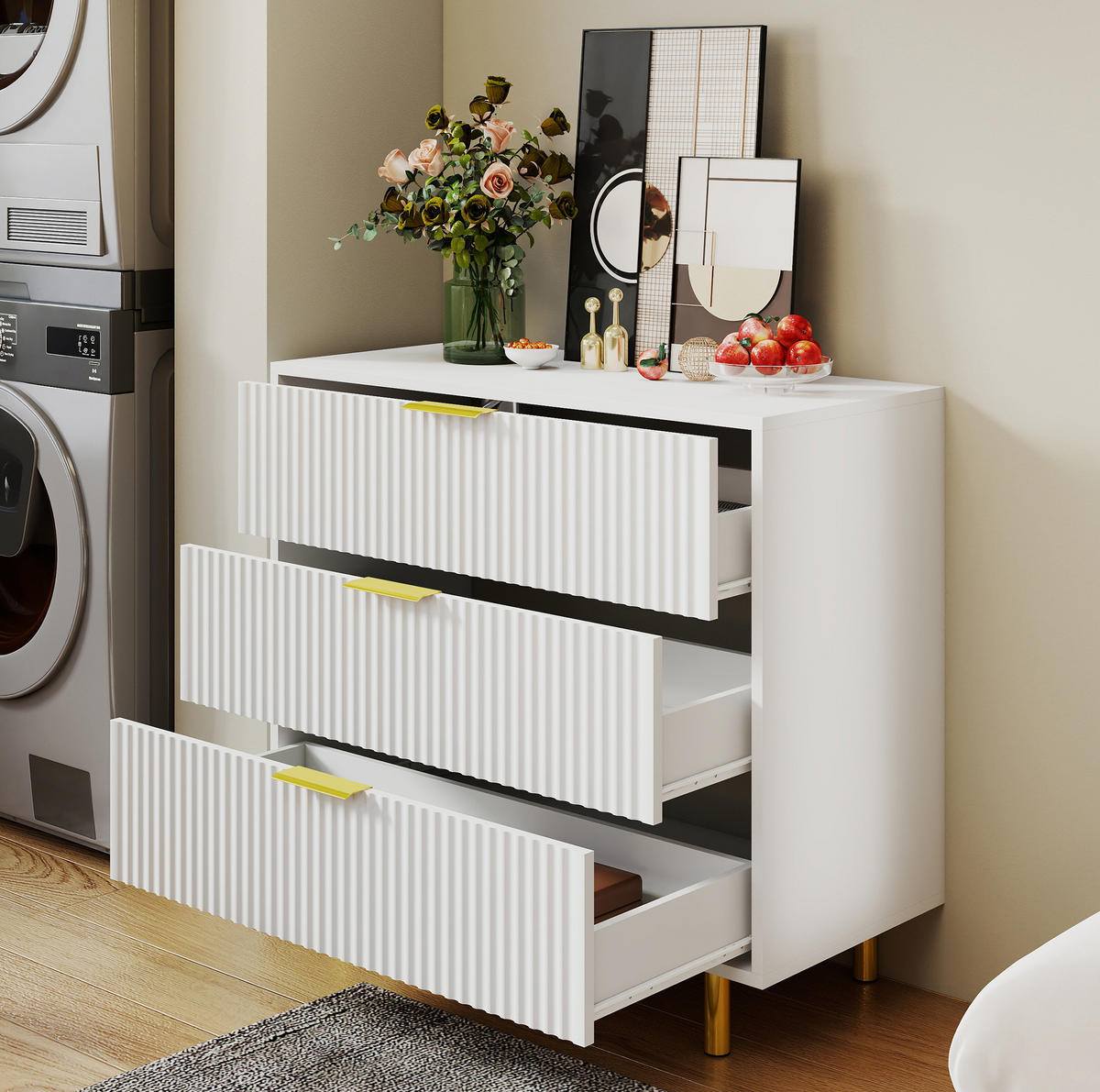 KOMMODE 80/40/72 cm mit 3 Schubladen und goldfarbenen Metallgriffen - Weiß, Holzwerkstoff (80/72/40cm) - BEAOK