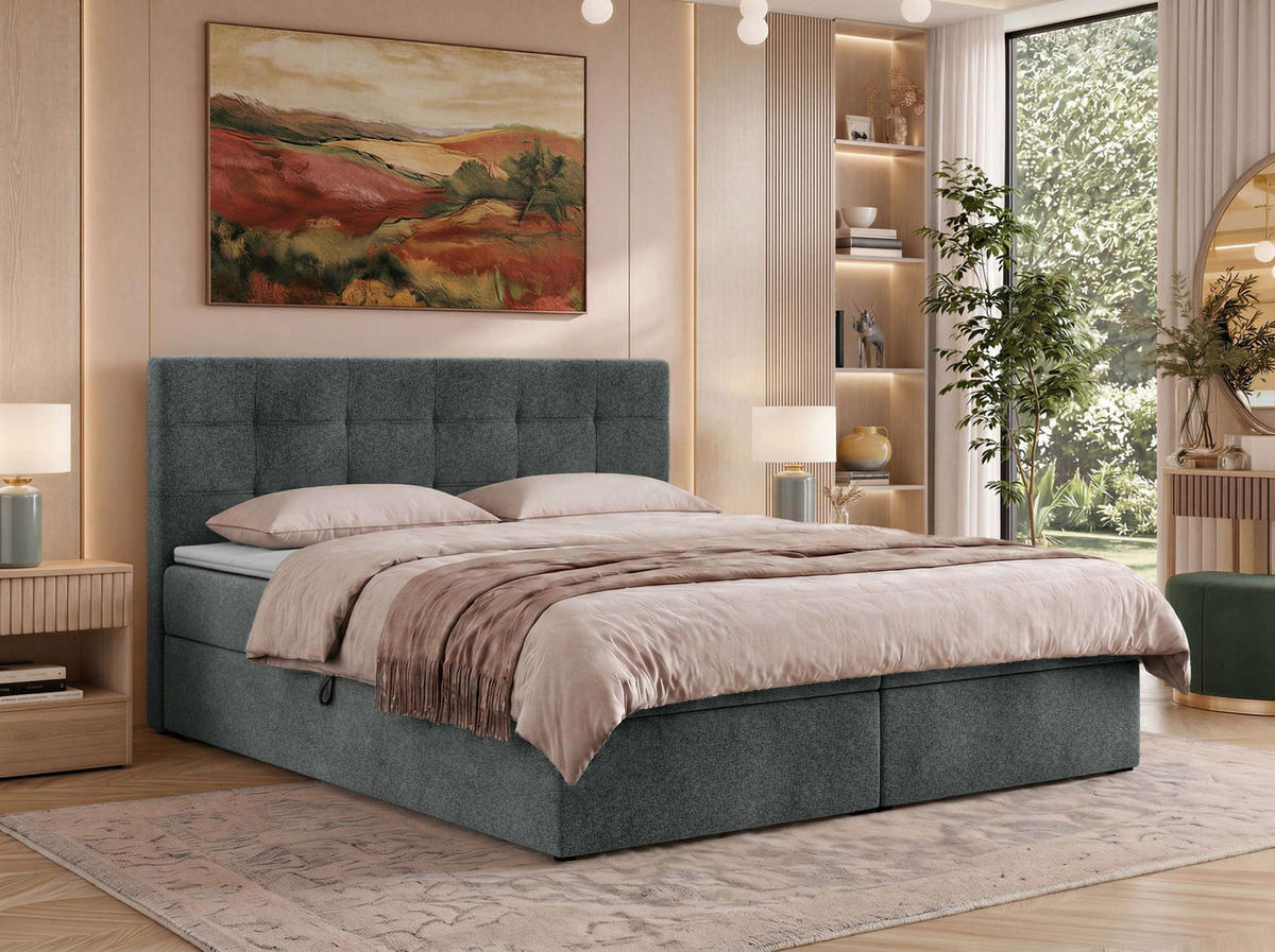 POSTEL BOXSPRING SOLVEN 200/200 - Tmavě šedá Strukturovaná látka - Topper T25 - H4 - černá/tmavě šedá, textil/plast (200/200cm) - MKS