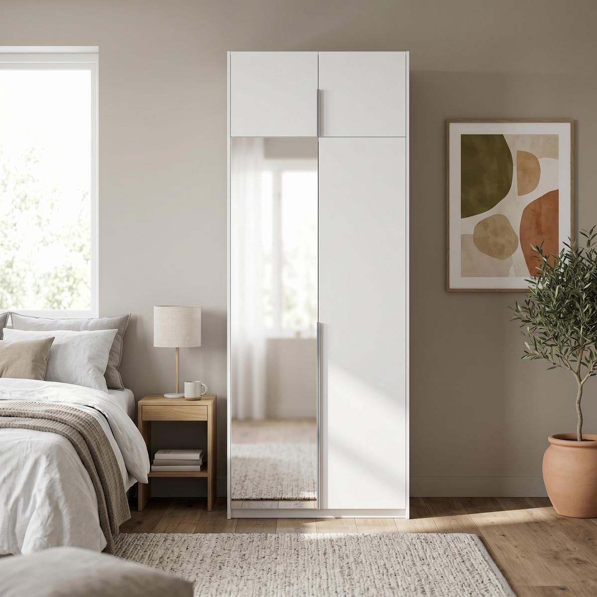 DREHTÜRENSCHRANK THALIA 100/250/58cm 2-türig mit Spiegel Weiß - Weiß, Holzwerkstoff (100/250/58cm) - MASSENO