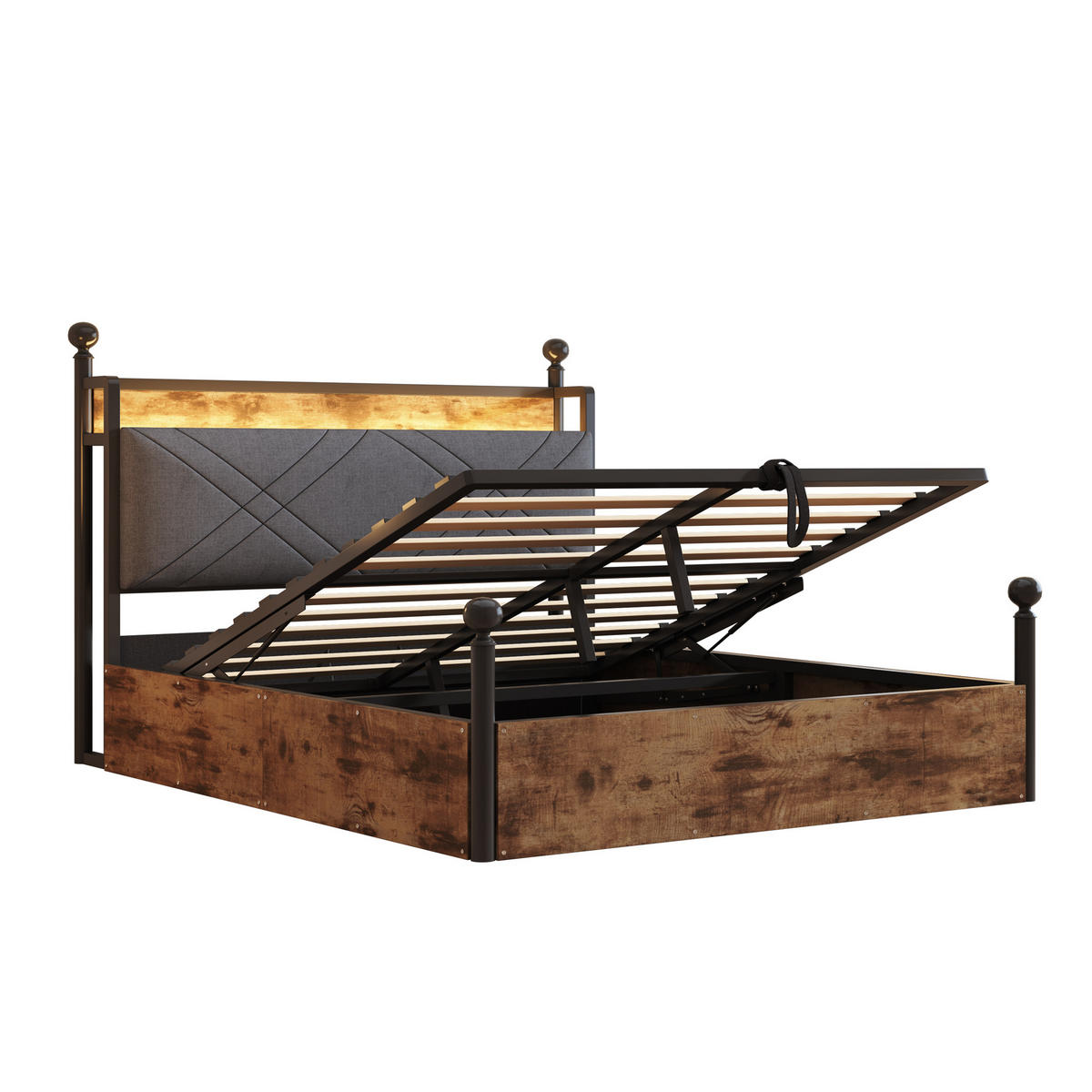 METALLBETT 140/190 cm in Schwarz mit Stauraum, LED-Beleuchtung und USB-/Type-C - Schwarz, Metall (140/190cm) - Flora Grace