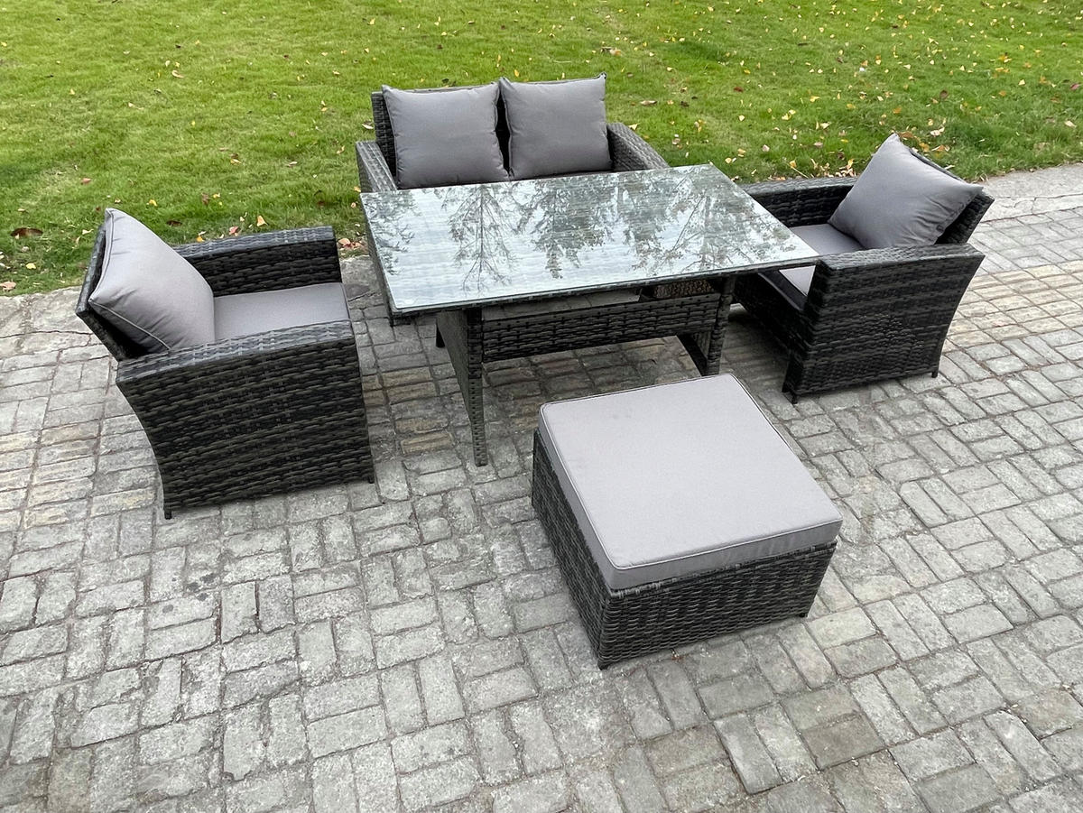 GARTENMÖBELSET mit 2 Sesseln,Zweisitzer,Esstisch,Hocker Polyrattan Dunkelgrau 5-Sitzer - Dunkelgrau/Grau, Glas/Kunststoff - Fimous