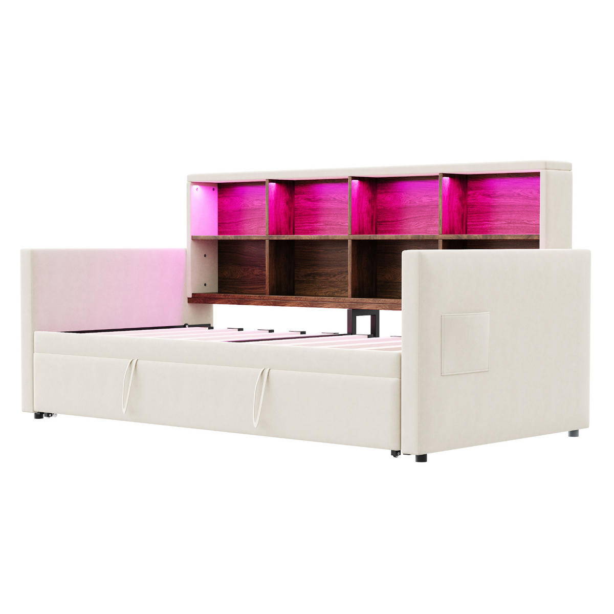 POLSTERBETT 90/190 cm aus Samt mit ausziehbarem Gästebett und LED-Kopfteil Beige - Beige, Textil (90/190cm) - Modenvie