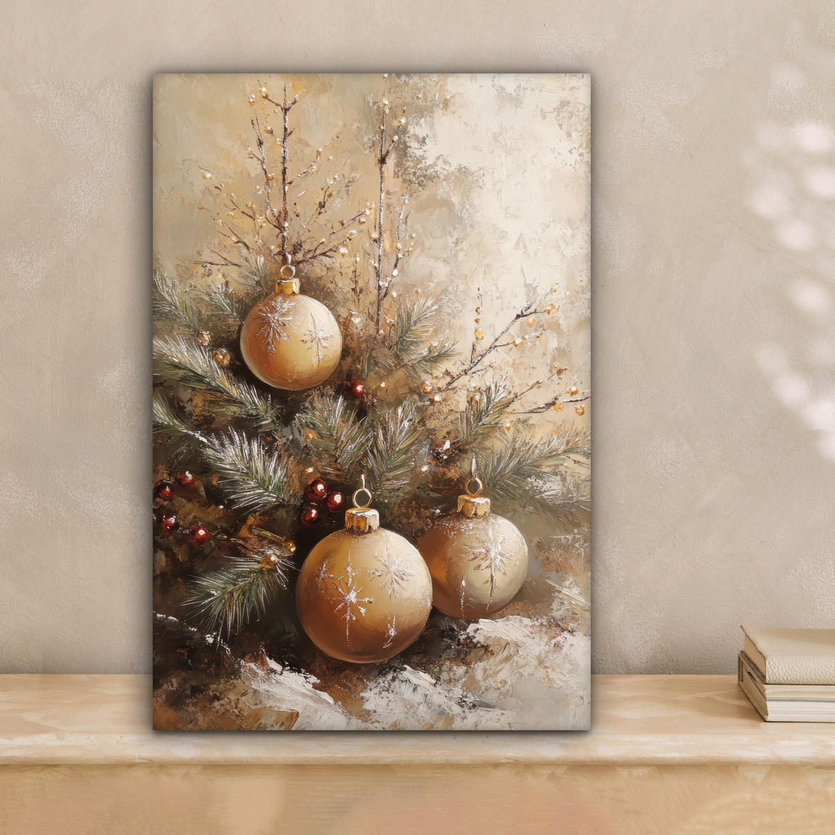 LEINWANDBILD Weihnachten - Kugeln - Beige - Gold Deko Wohnzimmer 20x30 cm - Goldfarben, Textil (20/30cm) - MuchoWow