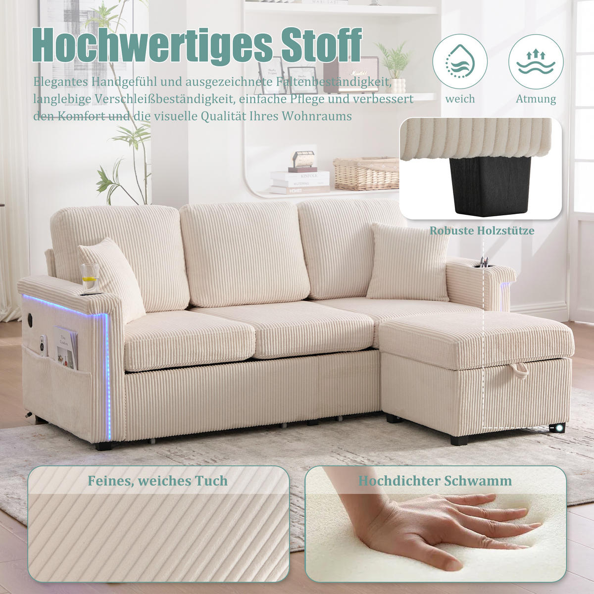 SOFA Corduroy mit LED und USB-Anschluss Stauraumschubladen auf Rollen 194/73/81 cm Beige - Beige, Textil (73/194cm) - Redom