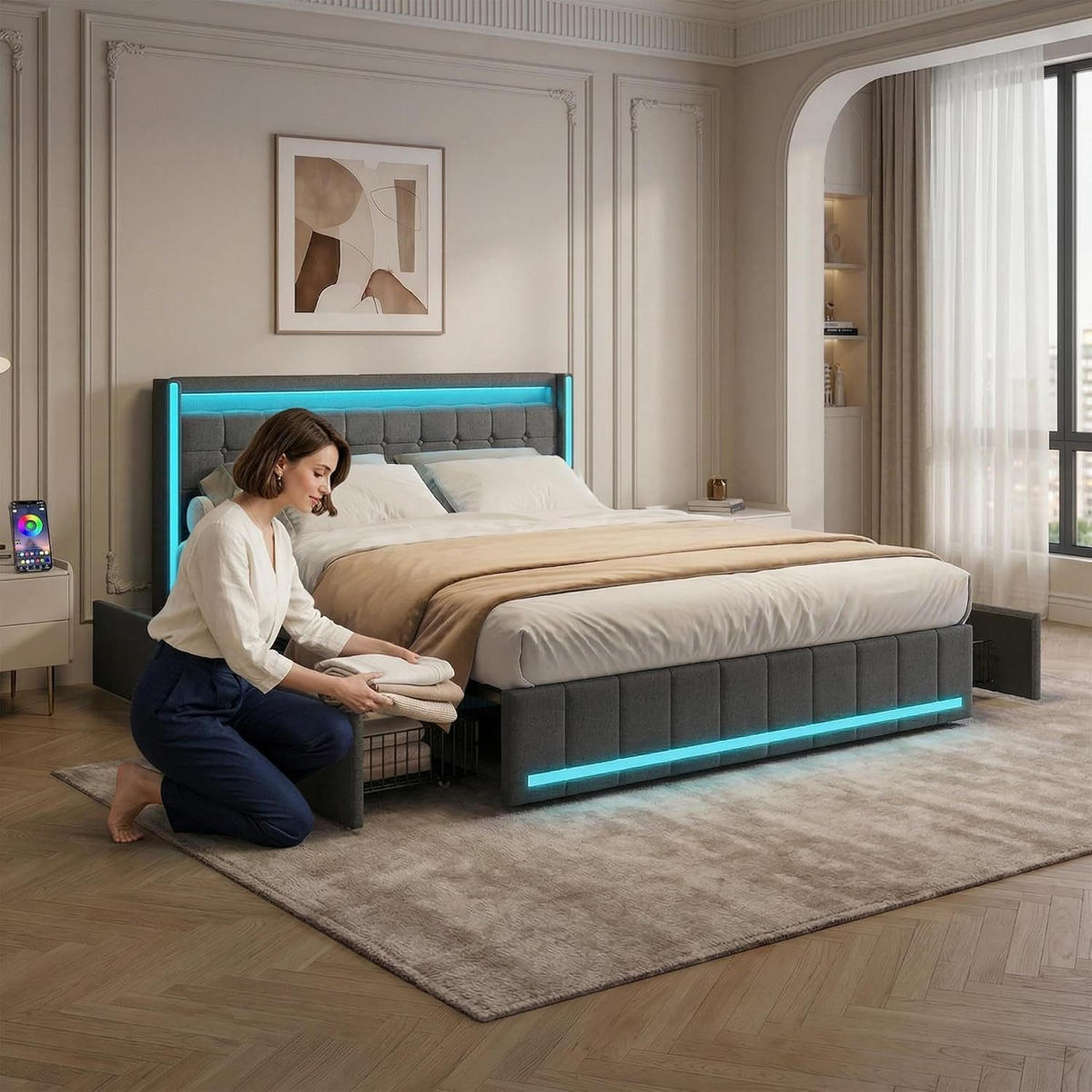 POLSTERBETT 140x190 cm Dunkelgrau Leinen LED USB 4 Schubladen - Grau, Holz (140/200cm) - SHOPENTRA
