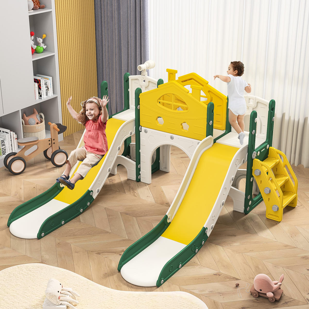 KLETTERGERÜST Indoor & Outdoor 7-in-1 – Gelb/Grün, Kinderrutsche mit Doppelrutsche & Piratenschiff-Design, Spielturm mit Kletterwand & Teleskop - Gelb, Kunststoff (203/95.5/166cm) - BursDany