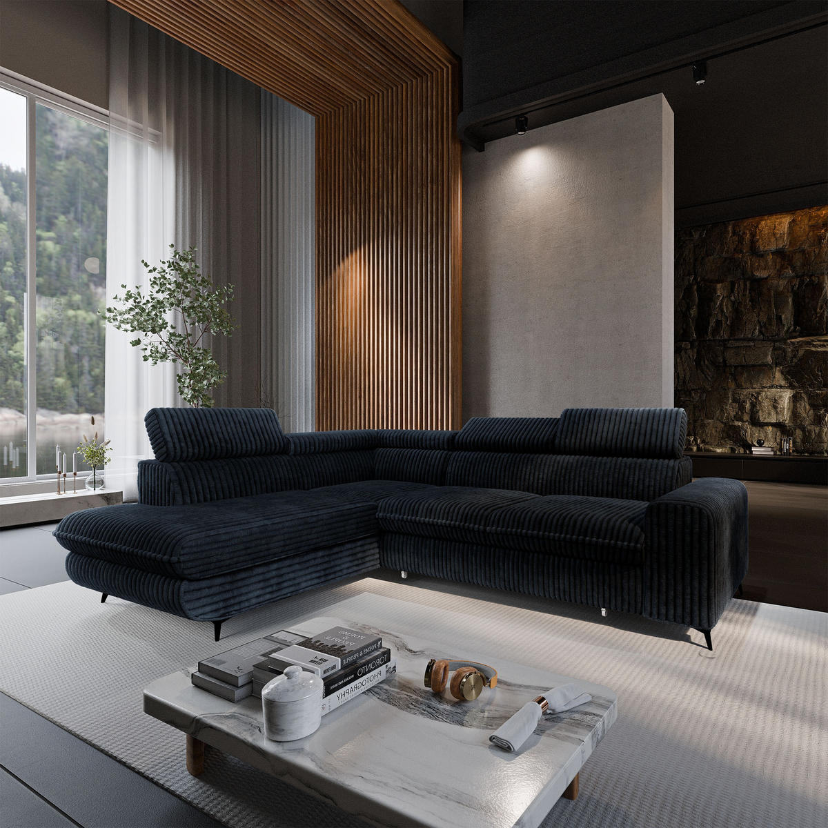 ECKSOFA VELISS Schwarz Kordstoff mit Schlaffunktion - Schwarz, Holz (255/193cm) - MASSENO