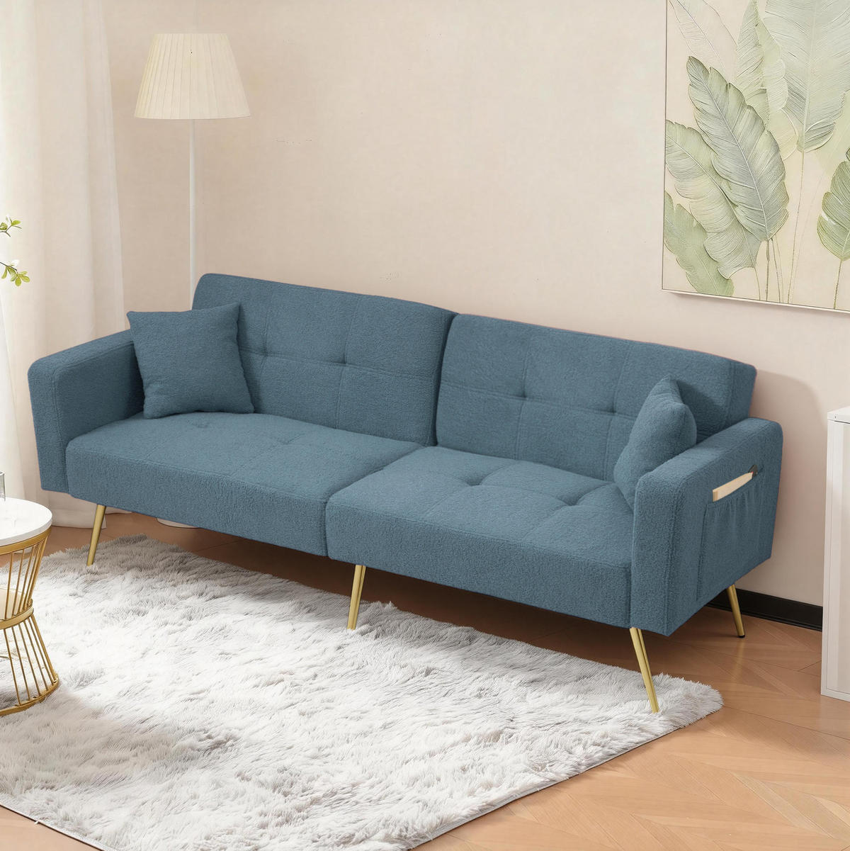 SCHLAFSOFA aus Lammwollstoff 175x64x72 cm in Antikblau mit Bettfunktion - Blau, Textil (175/72/64cm) - Modfu